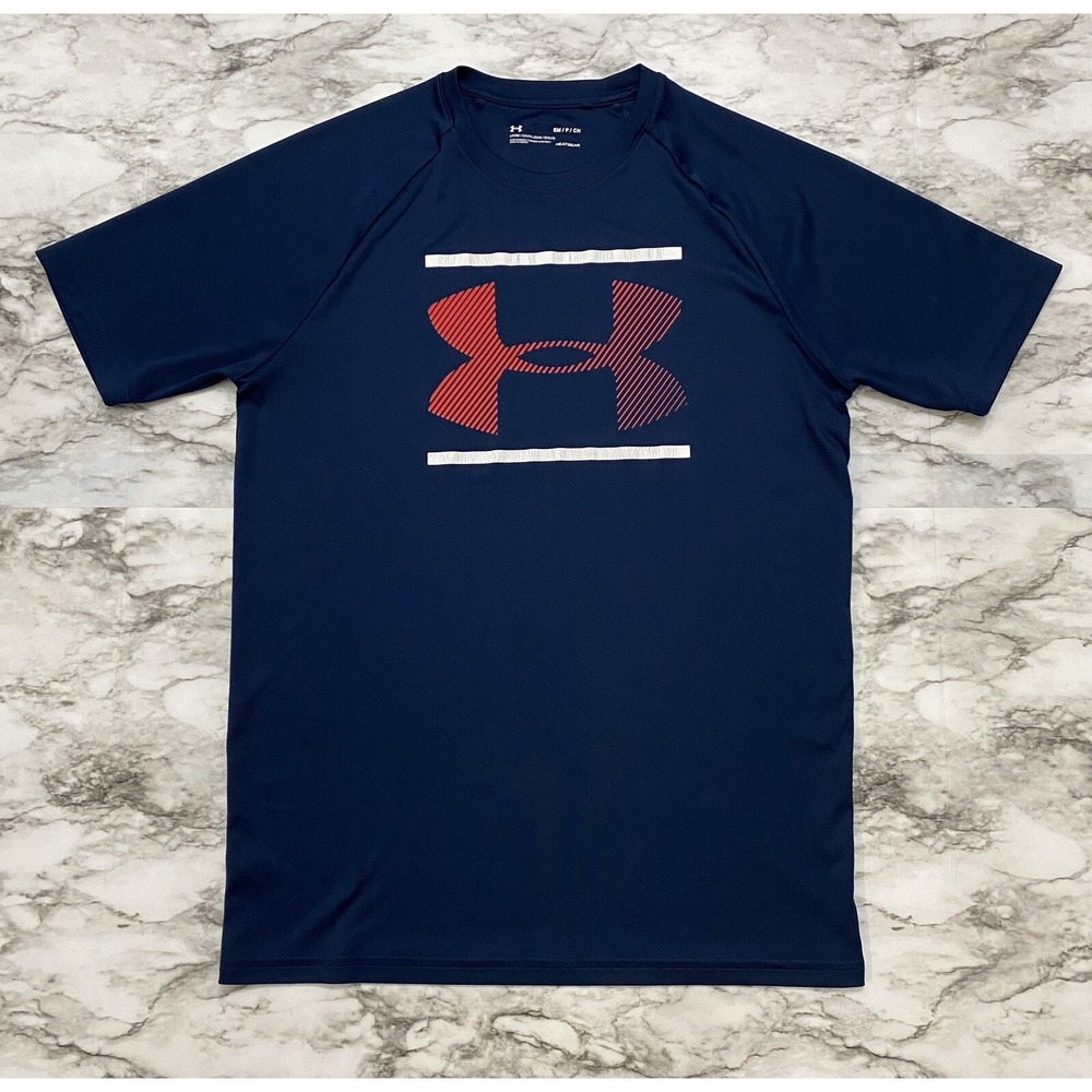 Under Armour Heat Gear Mens T-Shirt Size S Navy Blue Short Sleeve Loose Graphic‎